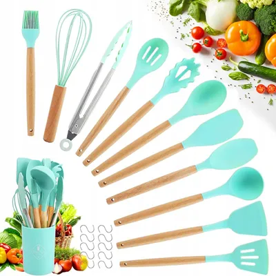 Image de Set ustensiles cuisine 12 pièces silicone bambou vert menthe spatules louche support