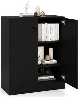 A black sideboard cabinet with its doors open, revealing shelves with books and decorative items.