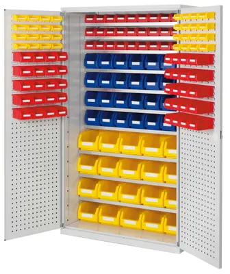 Produktbild von Großraumschrank, Türen mit Lochplatten, Kästen: 20xGr. 4, 28xGr. 6, 30xGr. 7, BxTxH 1130x590x1950 mm, RAL 7035 lichtgrau