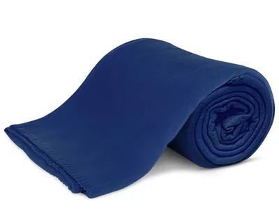 A rolled-up blue fleece blanket on a white background.