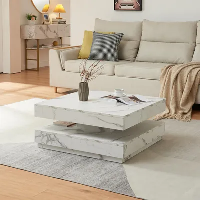 Produktbild von Couchtisch 'Florenz' Wohnzimmertisch quadratisch 76 x 76 x 38 cm drehbare Tischplatte Marmoroptik, weiß
