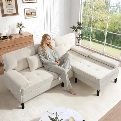 Produktbild von L-förmiges Chenille-Ecksofa, Hellbeige, modulares Wohnzimmersofa mit Chaiselongue