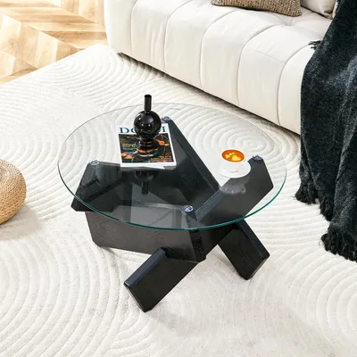 Produktbild von Mehrfarbiger optional MDF+Glas runder Couchtisch: schwarze Holzkorn Stützbeine, 79cm Durchmesser, 0,8cm dicke gehärtete Glasoberfläche.