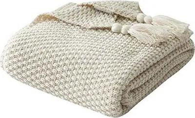 Produktbild von Kuscheldecken Decke mit Quasten Beige 110x150 cm - Boho Strickdecke Strick Grobstrick Plaid Muster für Sofa / Bett und als Zudecke Stricken sofaüberwurf