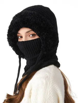 Immagine prodotto di Berretto invernale da donna 3 in 1, lavorato a maglia, con sciarpa e maschera per il viso, colore nero