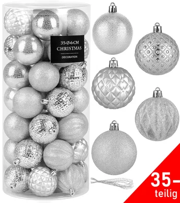 Produktbild von Weihnachtskugeln Silber 35 Stück Ø 6 cm – Bruchsichere, edle Christbaumkugeln in matt, glänzend & glitzernd – Weihnachtsdeko Set