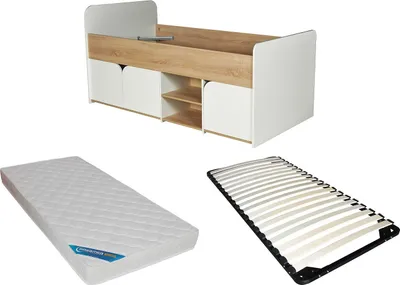Produktbild von Bett 90 x 190 cm mit Lattenrost - Farbe: Natur und weiß + Lattenrost + Matratze - LOSTYA