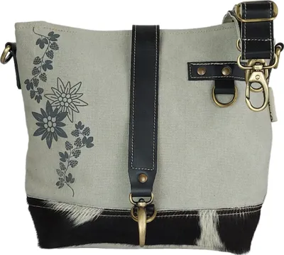 Produktbild von Domelo Damen Trachtentasche. Umhängetasche mit Edelweiß & Hopfenzweig Aufdruck. Graue Crossover Bag in Trachten Vintage- Retro Stil.