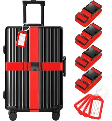 Image de Sangle à bagage - Set de 4 - Avec étiquettes à bagage - Rouge - Réglable - Verrouillage TSA - Pour valise