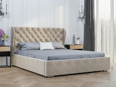 Obrázok produktu pre GRAINGOLD Čalúnená posteľ 120x200 Florencia - Podstavec pod posteľ a lamelový rošt - Čelo postele Chesterfield - Béžová (Vogue 02)