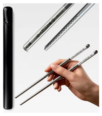 Produktbild von Wiederverwendbare Essstäbchen aus Edelstahl 316L – 1 Paar, 24 cm, spülmaschinenfest, Metall-Stäbchen mit Etui für Sushi und asiatische Küche