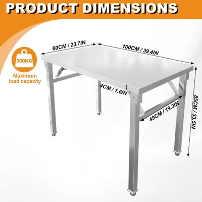 Image de Table de travail en acier inoxydable - Table pliante - 100 x 60 x 85 cm - Capacité de charge de 300 kg - Pieds réglables - Idéale pour la cuisine et la restauration