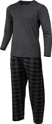 Produktbild von Schlafanzug Herren Lang Pyjama Baumwolle Zweiteiliges Set Langarm Shirt Lange Karierte Pyjamahose Grau XL