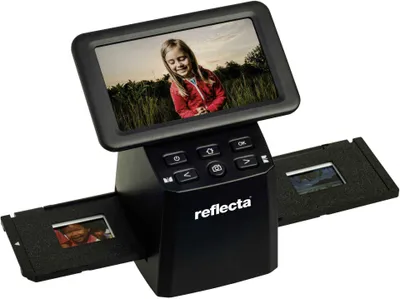 A digital film scanner with a screen displaying a photo of a young girl, and two slide holders on either side.