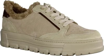 A single beige sneaker with brown accents and faux fur trim is shown against a white background.