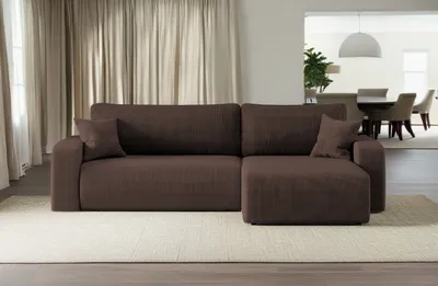 Image de Canapé d'angle avec fonction sommeil et coffre de rangement, Canapé d'angle MILANO XL tissu Poso velours côtelé épais brun droite