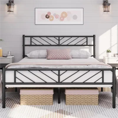 Produktbild von Yaheetech Metallbett Minimalistischer Bettrahmen mit Kopfteil Gästebett mit Lattenrost für Schlafzimmer Gästezimmer 32cm Höhe unter dem Bett 140 x 200 cm Schwarz