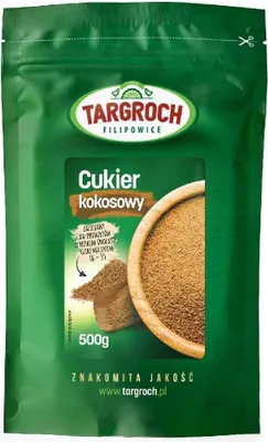A green pouch of coconut blossom sugar.