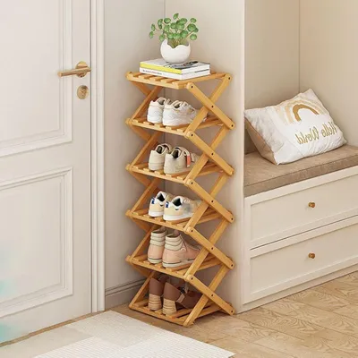 Image de Étagère verticale pour chaussures en bambou, 6 niveaux, portable, sans installation, dimensions : 260 x 260 x 1050 mm