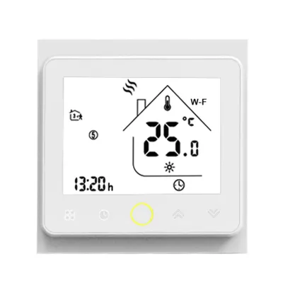 A digital thermostat display showing temperature, time, and icons.