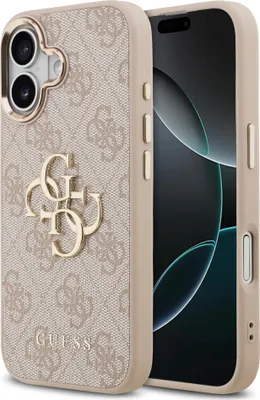 A close-up, angled view of a phone case with a repeating Guess logo pattern and a prominent Guess logo emblem. The phone is partially visible inside the case.