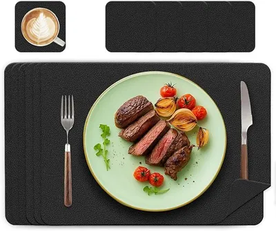 Produktbild von PolkaHome® Platzsets aus Lederoptik, abwaschbar, 6er Set, doppelseitig, rutschfest, wasserdicht, für Esstisch, rechteckig, schwarz