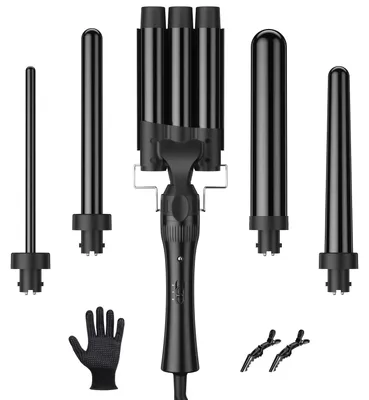 Imagen del producto de Estilizador de rizos 3 en 1, set de 5 accesorios. Control de temperatura con diferentes boquillas. Rizador de pelo, varillas para rizos. Revestimiento cerámico, incluye guantes