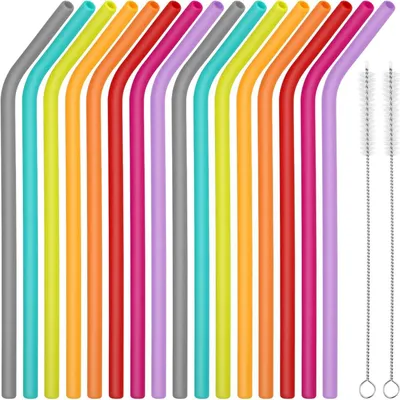 Produktbild von 16er Set Bunte Silikon Strohhalme mit Reinigungsbürste