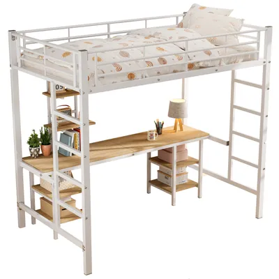 Produktbild von Hochbett mit Schreibtisch und Regal, 90x200 cm, Metallbett mit Rausfallschutz, Jugendbett