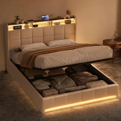 Image de Lit rembourré ProximaX 140 x 200 cm Tissu lin beige, lit pneumatique avec rangement, éclairage LED et  station de recharge USB