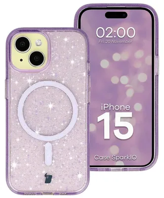 Produktbild von Glitzer Hülle mit Magnetring für iPhone 15, Bizon Case SparklO, Transparent-Violet mit Glitzer