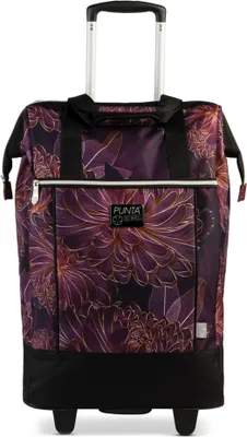 A wheeled shopping bag with a floral pattern.