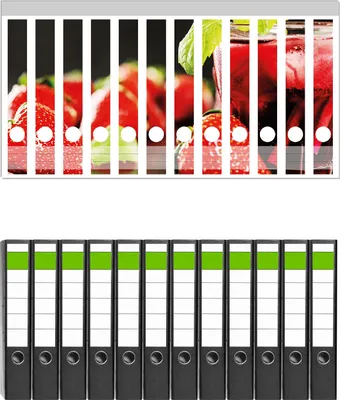 Produktbild von Wallario 12 Stück schmale Ordner inkl. Klebeetiketten mit Motive Erdbeer-Mojito - Frische Erdbeeren -  Set mit Rückenschildern / Ordnerrücken Stickern