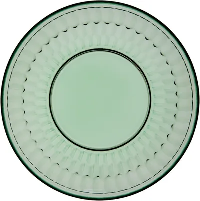 A top-down view of a green glass plate with a textured rim.
