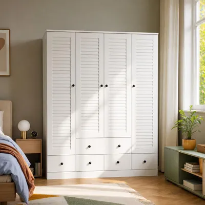 Produktbild von 180 cm Hoher Weißer Kleiderschrank mit 5 Schubladen, Garderobenschrank mit Ablagefächern, für Schlafzimmer, Weiß, MDF, 150 × 180 × 48 cm