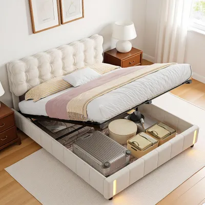 Image de INONEFT, lit capitonné 140x200 cm avec éclairage LED, lit box à ressorts hydraulique avec sommier à lattes et espace de rangement, lit double, lit avec rangement, lit pour adolescents, velours, beige