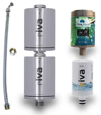 Produktbild von rivaALVA Life SafePro EM | Blockaktivkohlefilter mit EM Keramik + er Legionellen-Bakterien Membranfilter, Edelstahlgehäuse, Schlauchanschluss-Set