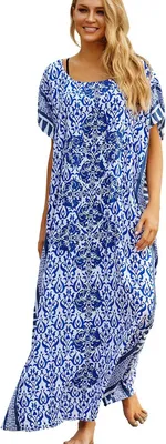 Produktbild von Blauer Kaftan-Kleid mit Blumenmuster, leichtes Strandkleid aus Baumwolle, Einheitsgröße