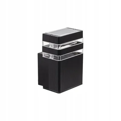 A black outdoor light fixture with clear glass elements.