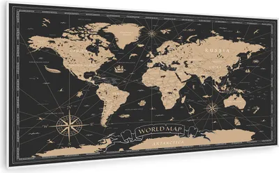 A world map with a black background and gold continents, featuring a compass rose and illustrations of ships and animals.