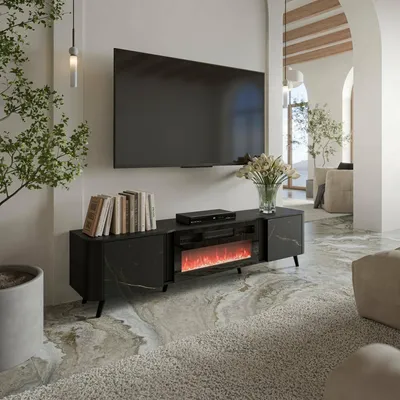 Image de Près - Meuble TV, 191x40x58h cm Blanc Marbre, 2 Étagères
