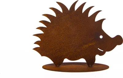 A rusty metal hedgehog decoration on a white background.