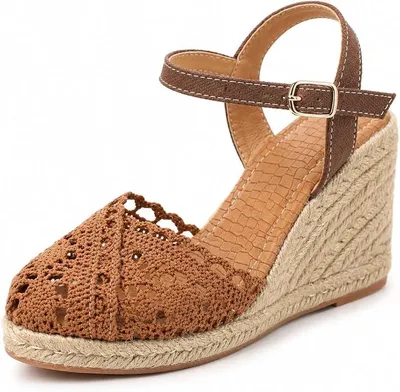 Immagine prodotto di Sandali estivi da donna con zeppa, cinturino alla caviglia, zeppa elegante, tomaia effetto pizzo, scarpe comode per vacanze e tempo libero, color marrone caffè, 100% poliestere, taglia 43