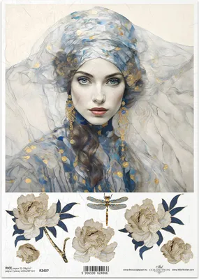 Immagine prodotto di ITD Carta di riso Decoupage Artigianato Carta Tovagliolo Tecnica-R2407 Donna Fiori Libellula - Ispirato a Klimt