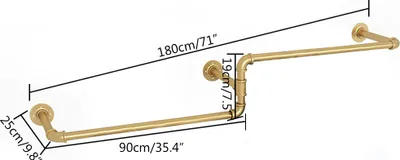 A diagram showing the dimensions of a gold-colored pipe shelf.