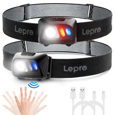 Immagine prodotto di Lampada frontale USB ricaricabile Lepro, ultra luminosa con 800 lumen, dotata di sensore di movimento e luce rossa, 5 modalità di illuminazione, impermeabile e leggera, ideale per corsa, jogging, pesca, campeggio, confezione da 2 pezzi