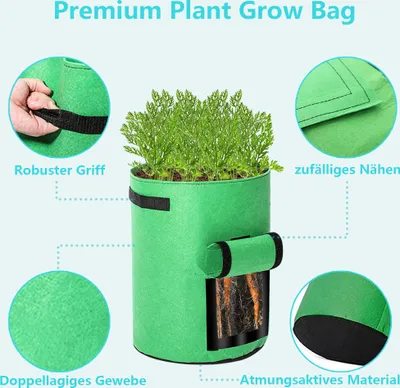 Produktbild von Lospitch 10er Pflanzsack Pflanzkörbe Schwarz/Gruen mit Fenster Tragegriffen Kartoffel 38L
