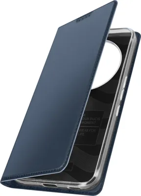 A dark blue flip case for a smartphone is shown open, revealing the phone's interior and a circular camera cutout.