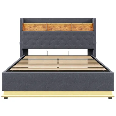 Produktbild von Flieks Polsterbett 180x200cm mit Ladefunktion, Doppelbett Boxspringbett mit Staufach, Jugendbett Holzbettt mit LED und Lattenrost, Leinen, Grau