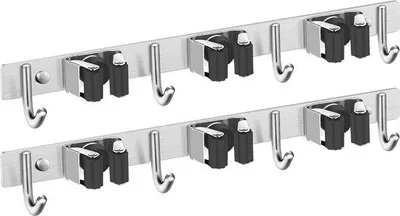 Imagen del producto de Soportes para escobas Unyqoos® de acero inoxidable 304 para montaje en pared: 4 ganchos y 3 ranuras, sujeción antideslizante, soporte para herramientas, paquete de 2 unidades, ideales para cocina, baño, garaje y jardín